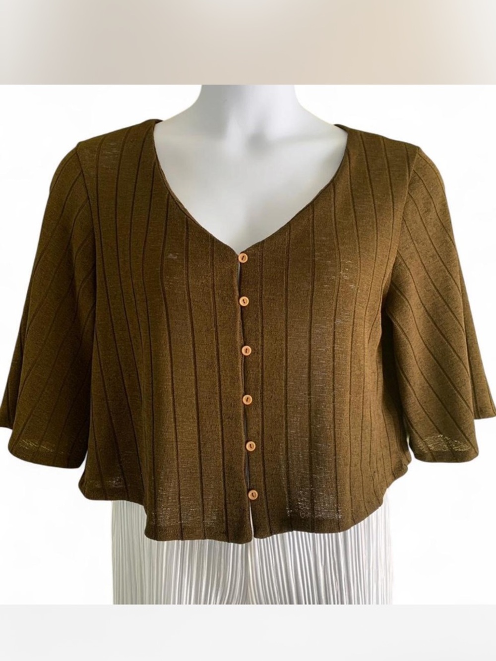 Preppy Cabincore Cottage H&M Brown Ribbed V-Neck Crop Top  M